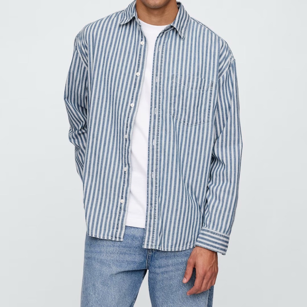 Blue and White Striped Button-Up Shirt